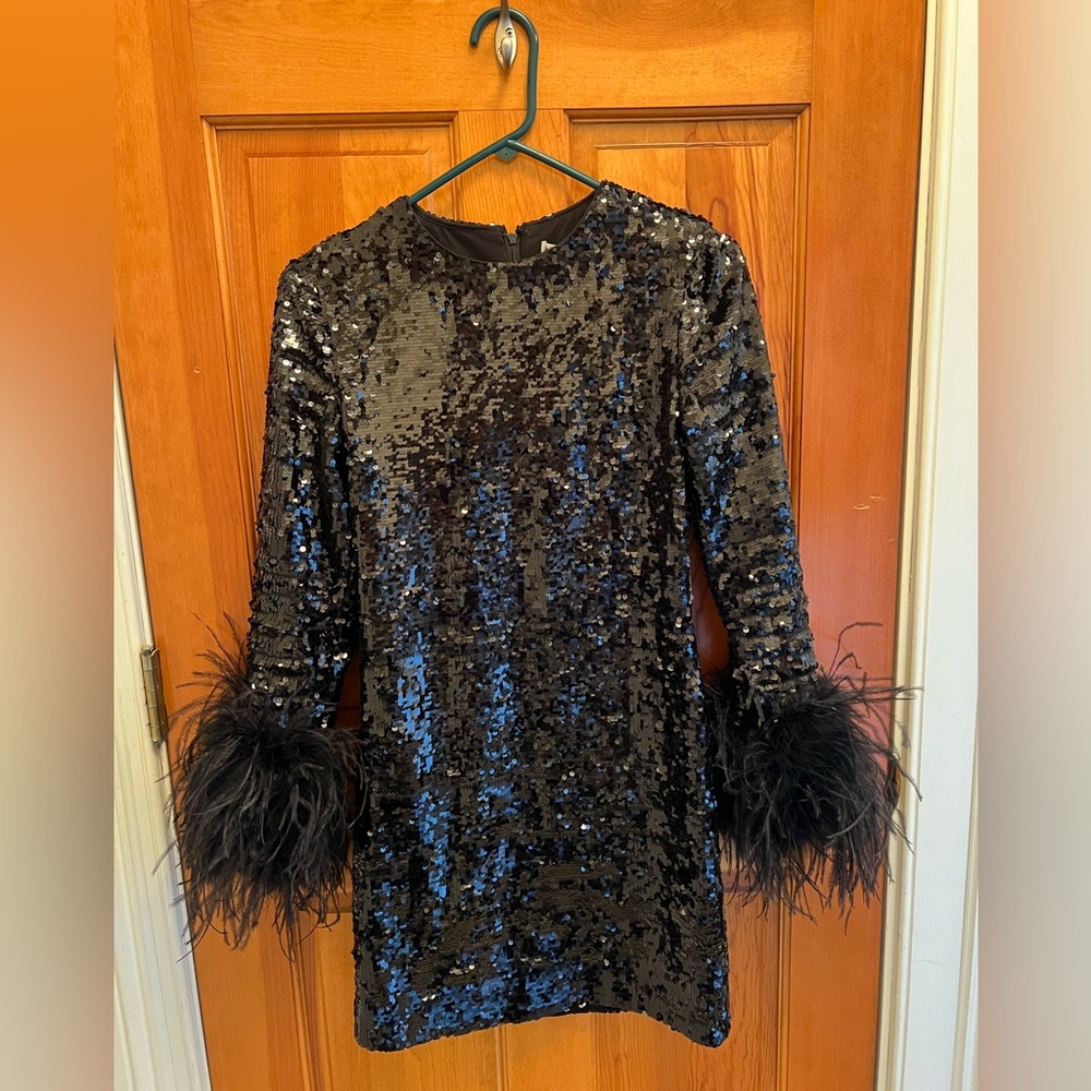 Alice + Olivia Delors Sequin Mini Dress with Feathered Cuffs